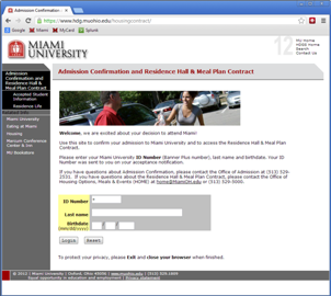 2009 Incoming Student Contract Login Page - Admission to Miami